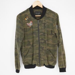Sanctuary Jacket Womens Small Green Camo Bomber Embroidered Butterfly Zip Army